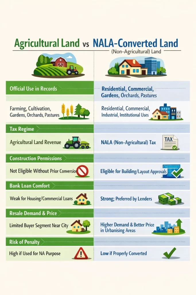 Infographic comparing agricultural land and NALA-converted land showing differences in usage, tax structure, construction permissions, loan eligibility, resale value, and legal risks.