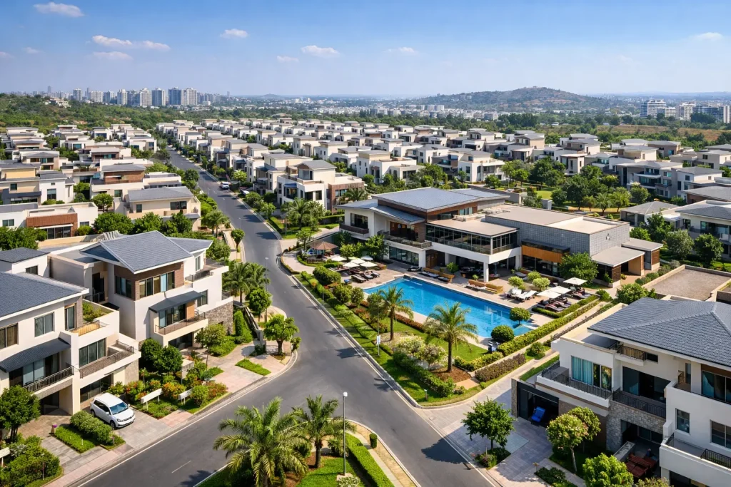 Premium Hyderabad villa community showing modern houses, roads, landscaped gardens, and clubhouse