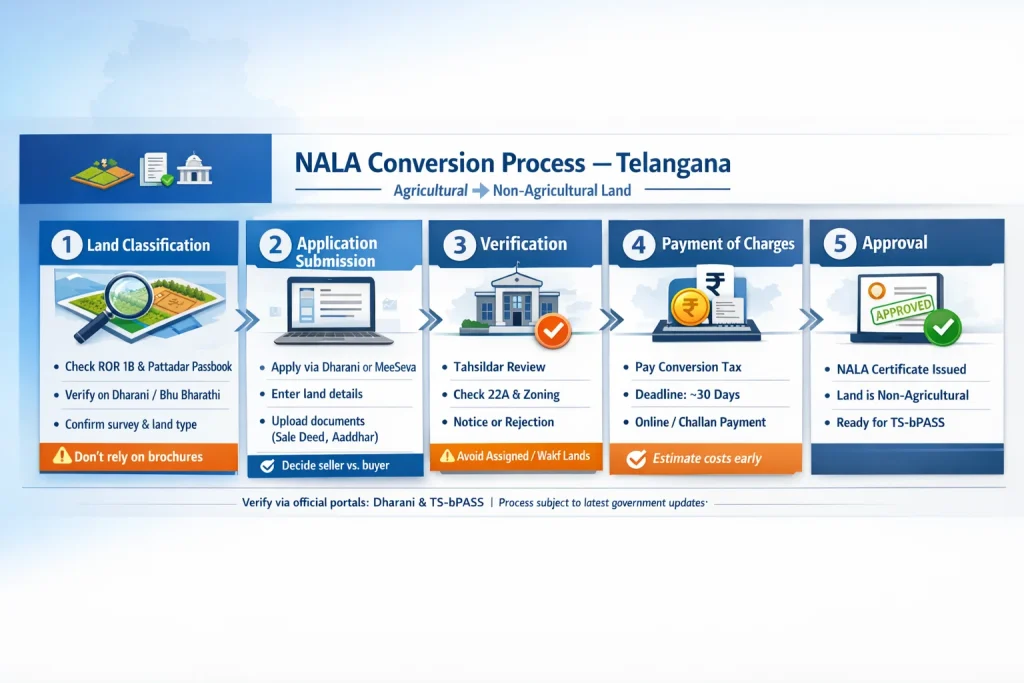 Horizontal infographic showing the 5-step NALA land conversion process in Telangana: land classification, application submission, government verification, payment of conversion charges, and final approval certificate.