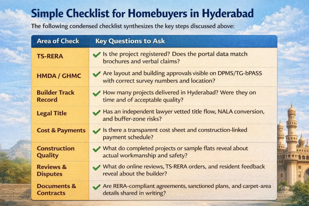Checklist for verifying builders and property approvals before buying a home in Hyderabad.