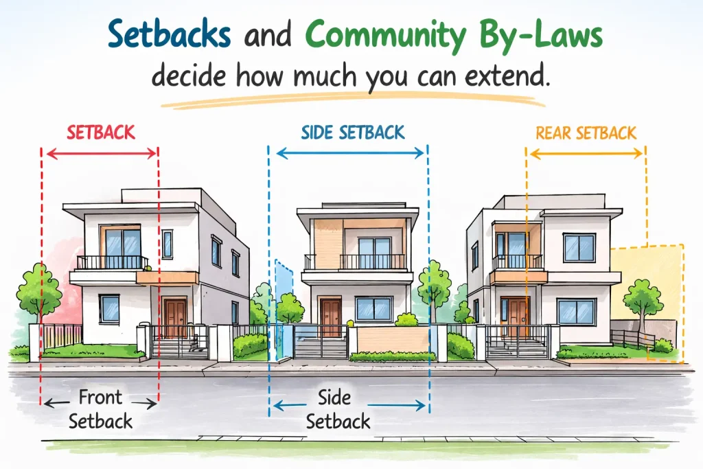 Row of villas diagram showing front, side, and rear setbacks explaining how community bylaws limit home extensions