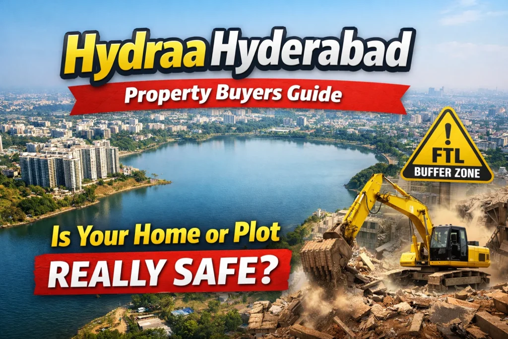 Hydraa Hyderabad property buyers guide showing lake side buildings, demolition activity, and FTL buffer zone warning highlighting real estate risk