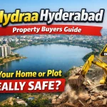 Hydraa Hyderabad property buyers guide showing lake side buildings, demolition activity, and FTL buffer zone warning highlighting real estate risk