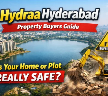 Hydraa Hyderabad property buyers guide showing lake side buildings, demolition activity, and FTL buffer zone warning highlighting real estate risk