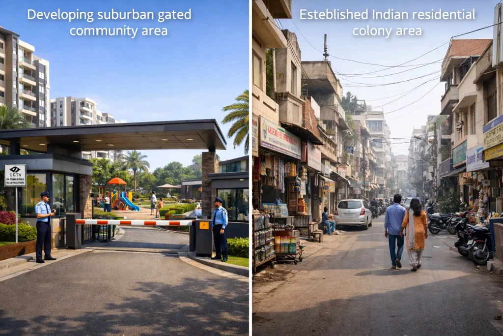 Side-by-side comparison of a modern gated community and an established residential colony with shops and narrow streets in Hyderabad, India