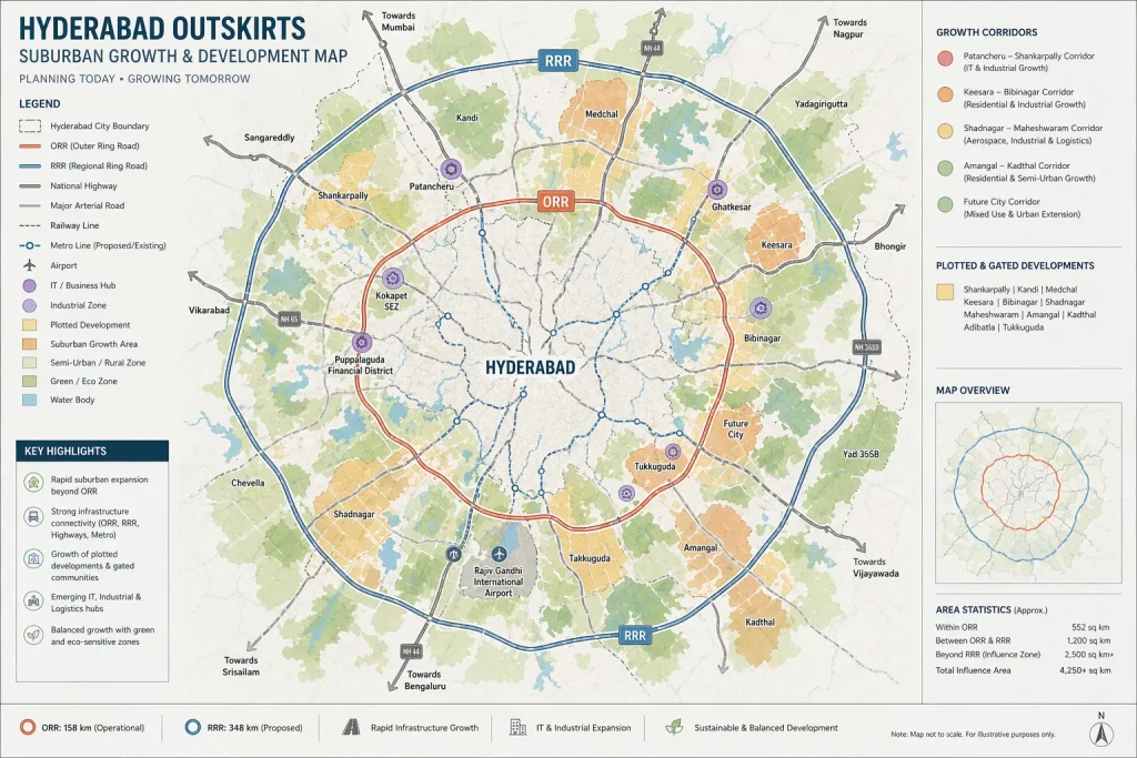 Map of Hyderabad outskirts showing suburban growth areas, Outer Ring Road (ORR), Regional Ring Road (RRR), plotted developments, semi-urban zones, and key infrastructure corridors around the city.