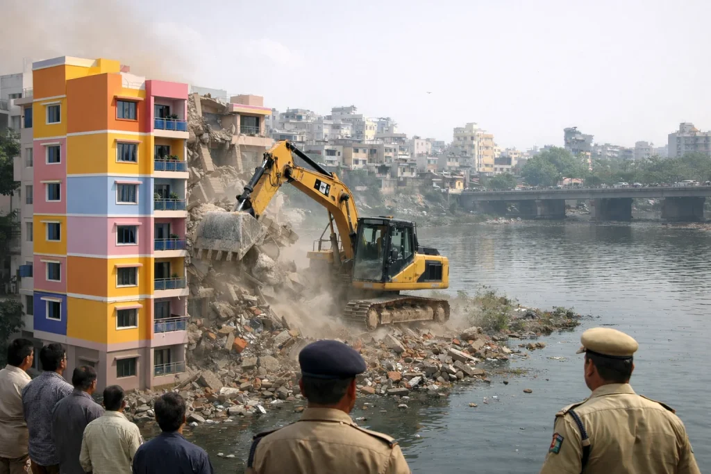 Bulldozer demolishing illegal apartment building near a river in an Indian city with police monitoring and dust rising