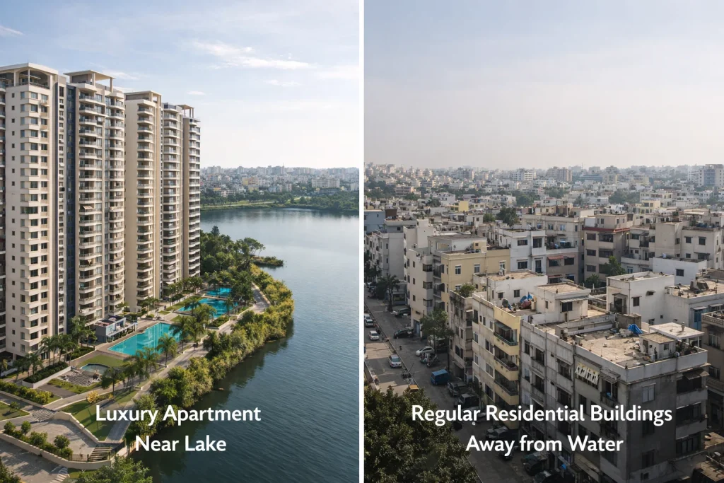 Split screen comparison of luxury apartment near lake vs regular residential buildings away from water in an Indian city