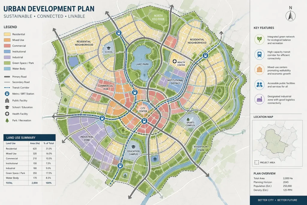 Urban planning layout map showing a circular city design with labeled zones including residential, commercial, industrial, green spaces, water bodies, road networks, and public infrastructure like schools, transit stations, and health centers.
