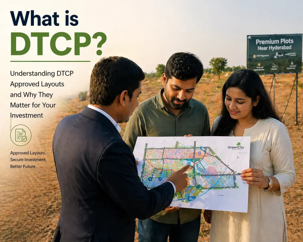 Indian couple visiting a plotted land site near Hyderabad with a real estate agent explaining a DTCP approved layout map under warm sunlight 