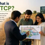 Indian couple visiting a plotted land site near Hyderabad with a real estate agent explaining a DTCP approved layout map under warm sunlight 