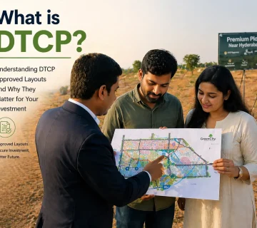 Indian couple visiting a plotted land site near Hyderabad with a real estate agent explaining a DTCP approved layout map under warm sunlight 