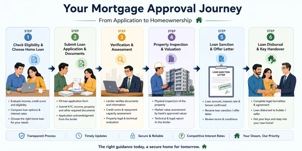 Step-by-step home loan approval process infographic showing document submission, verification, property inspection, loan sanction, and key handover for Indian homebuyers.