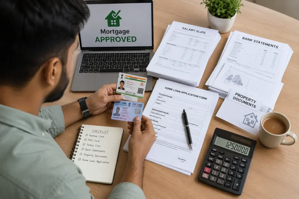 Indian homebuyer organizing Aadhaar card, PAN card, salary slips, bank statements, property documents, and a home loan application form during the mortgage approval process.