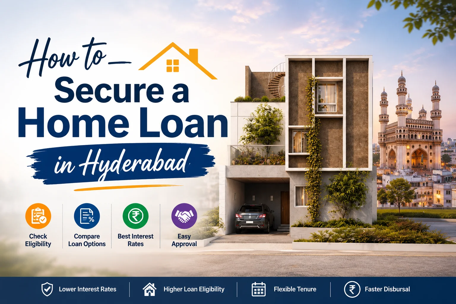 Modern villa in Hyderabad with home loan guide highlighting eligibility, interest rates, and loan approval