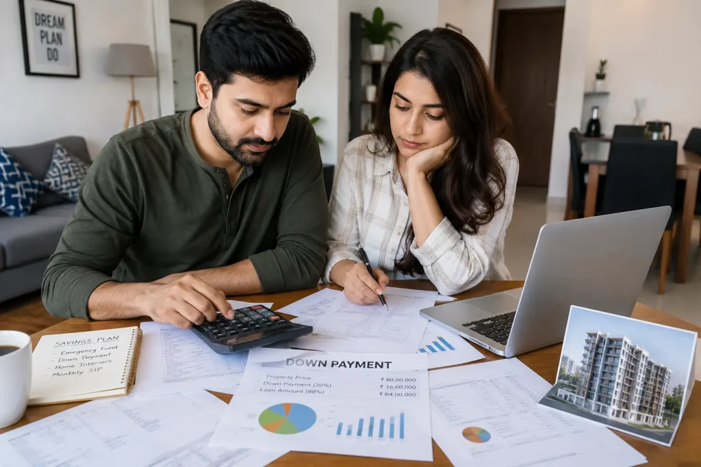 Indian couple calculating down payment for a new apartment using financial documents, calculator, laptop, and savings plan in a modern home.
