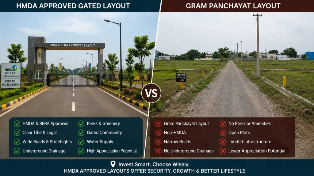 Comparison between Gram Panchayat plots and HMDA approved layouts in Telangana