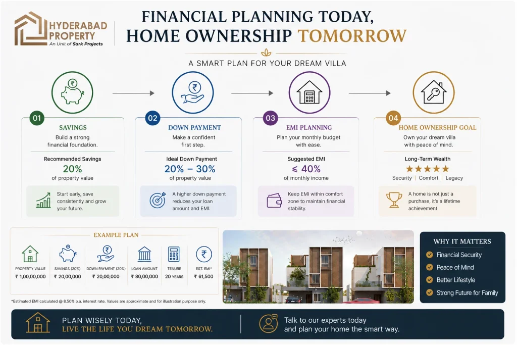 Financial planning infographic for villa homeownership showing savings goals, down payment strategy, EMI planning, home ownership benefits, and premium villa living in Hyderabad.