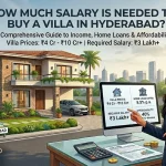 Illustration showing a luxury villa in Hyderabad with a real estate advisor explaining villa prices, home loan rates, and the salary required to buy a villa in Hyderabad 