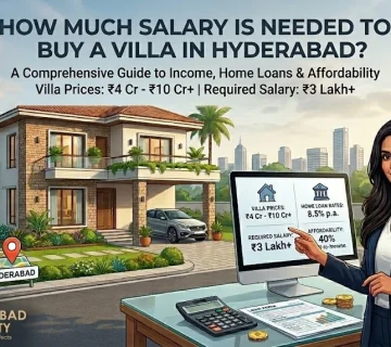 Illustration showing a luxury villa in Hyderabad with a real estate advisor explaining villa prices, home loan rates, and the salary required to buy a villa in Hyderabad 
