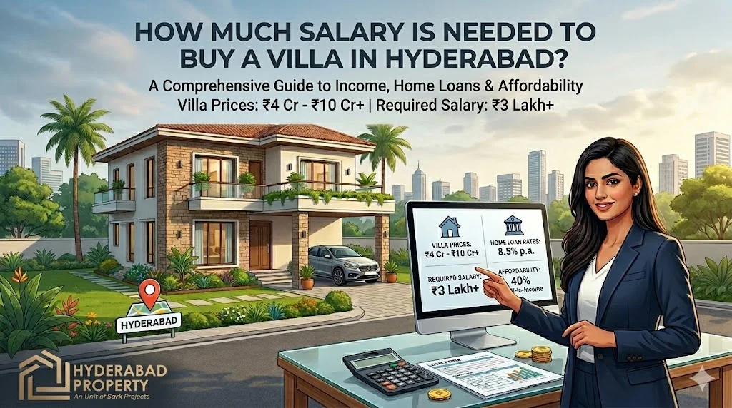 Illustration showing a luxury villa in Hyderabad with a real estate advisor explaining villa prices, home loan rates, and the salary required to buy a villa in Hyderabad