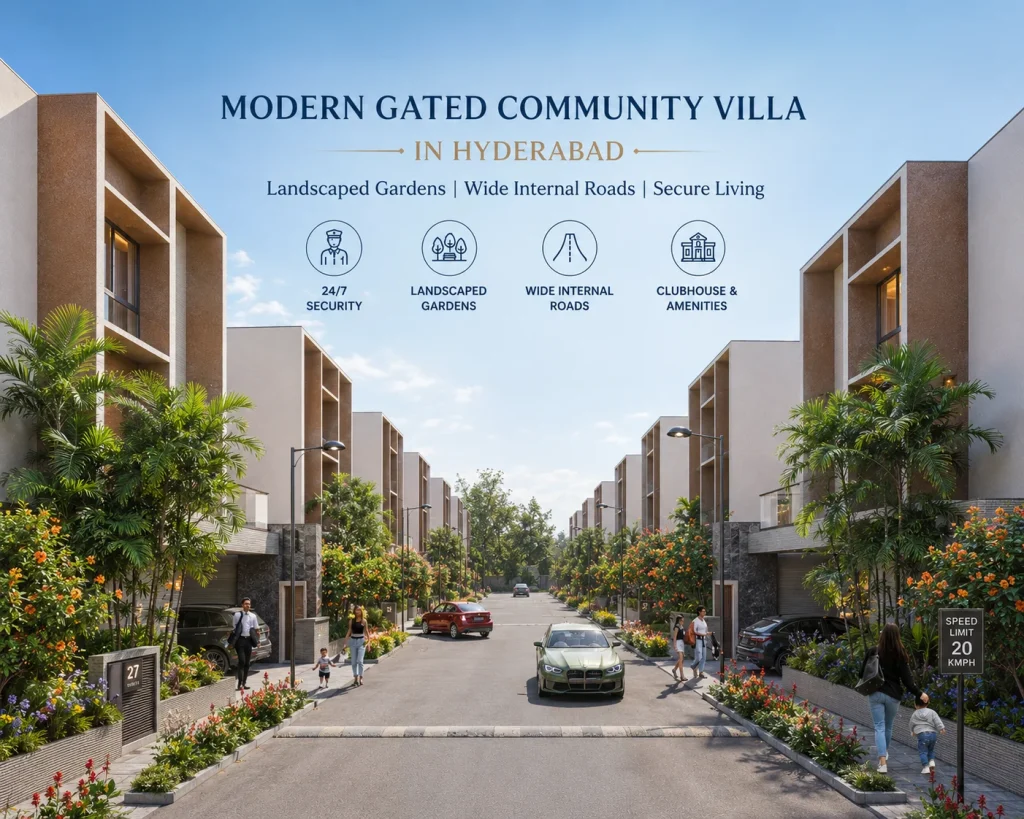 Modern gated community villas in Hyderabad with landscaped gardens, wide internal roads, premium architecture, and secure community living.