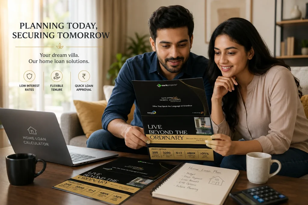 Young IT couple reviewing villa brochures and discussing home loan plans for a premium gated community villa in Hyderabad.