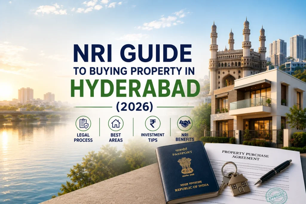 NRI buying property in Hyderabad with luxury villa, Hyderabad skyline, passport, property documents, and investment guide for 2026 