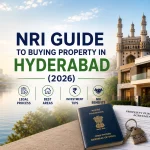 NRI buying property in Hyderabad with luxury villa, Hyderabad skyline, passport, property documents, and investment guide for 2026 
