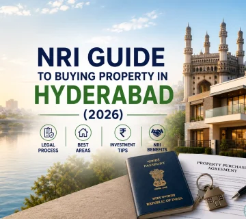 NRI buying property in Hyderabad with luxury villa, Hyderabad skyline, passport, property documents, and investment guide for 2026 