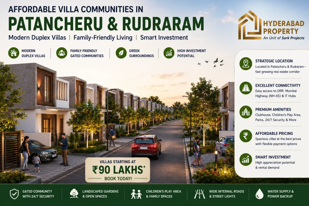 Affordable gated community duplex villas in Patancheru and Rudraram featuring landscaped gardens, wide internal roads, modern amenities, and family-friendly living in Hyderabad.