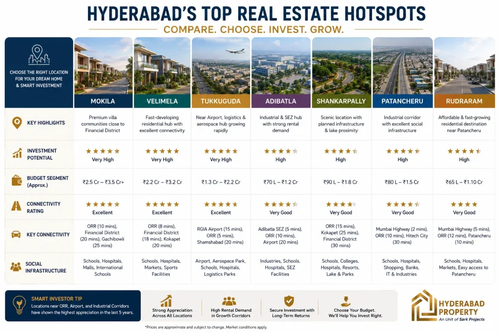 Comparison infographic of Hyderabad's top villa investment locations including Mokila, Velimela, Tukkuguda, Adibatla, Shankarpally, Patancheru, and Rudraram with investment potential, budget range, and connectivity ratings.