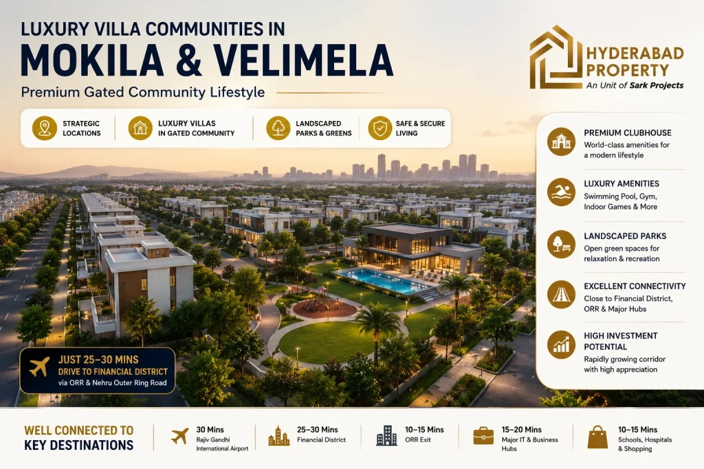 Luxury gated community villas in Mokila and Velimela featuring landscaped parks, premium clubhouse, wide internal roads, and excellent connectivity to Hyderabad Financial District.