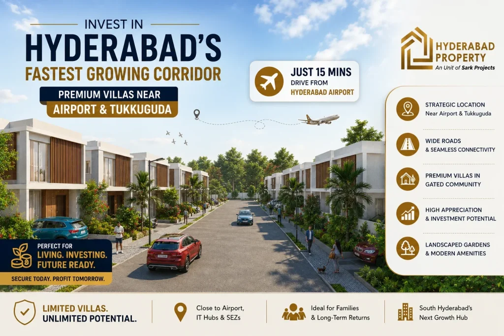 Premium gated community villas near Hyderabad Airport and Tukkuguda featuring landscaped gardens, wide internal roads, and modern villa living in South Hyderabad.