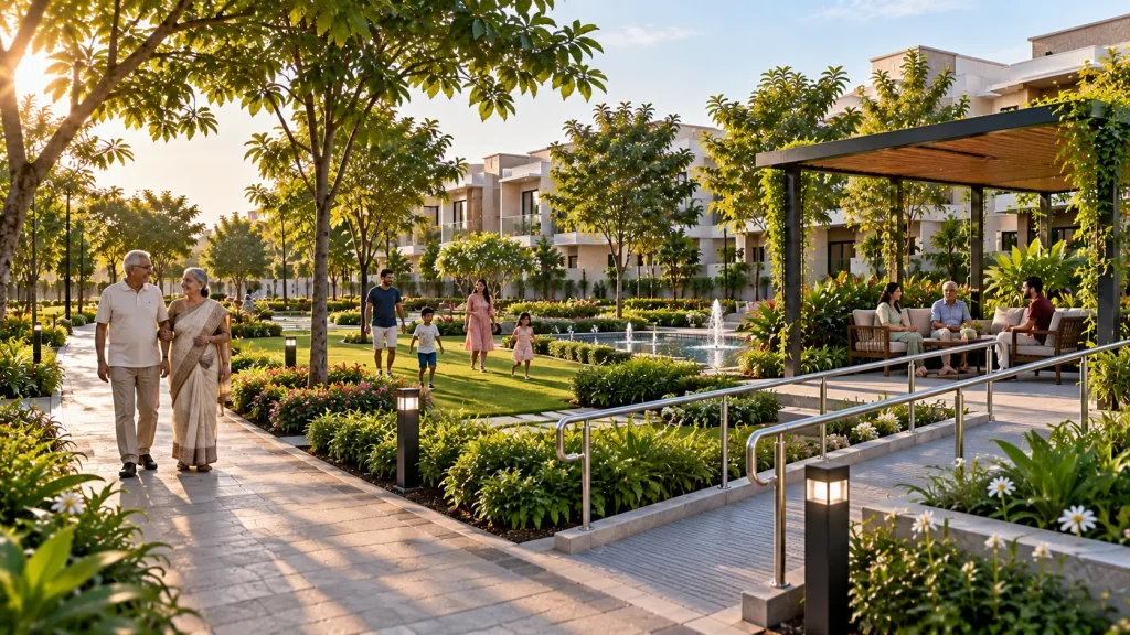 Elderly-friendly walking paths and seating areas in a Hyderabad villa community