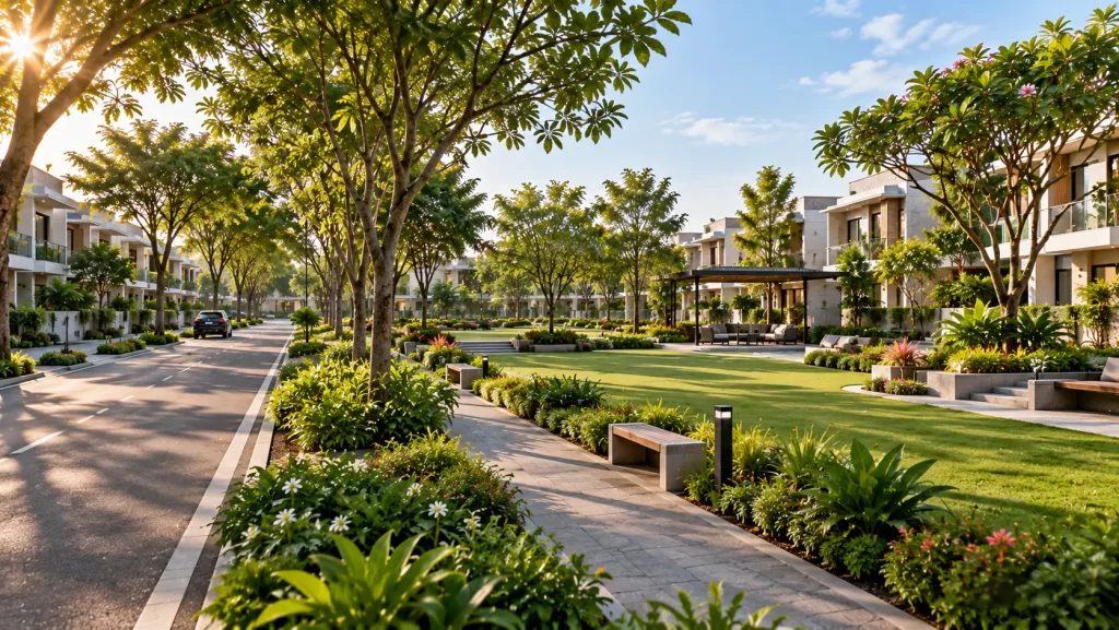 Landscaped gardens and open green spaces in a luxury villa community