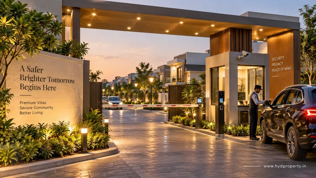 Security gate and controlled entrance at a luxury villa community in Hyderabad