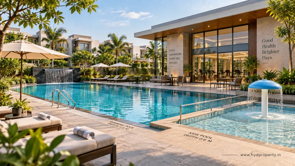 Swimming pool and landscaped pool deck in a luxury villa community