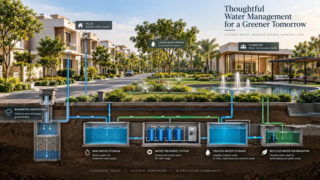 Water supply and rainwater management system for a villa community