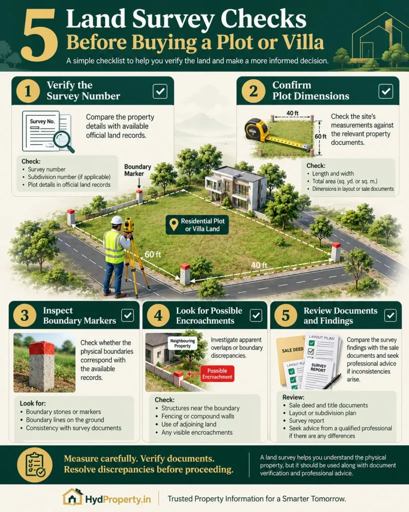 5 land survey checks before buying a plot or villa, including survey number verification, plot dimensions, boundary markers, encroachments and document review.